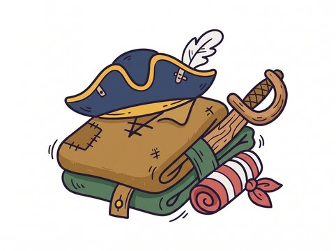 Pirate costume accessories with tricorn hat, wooden sword and folded clothes icon