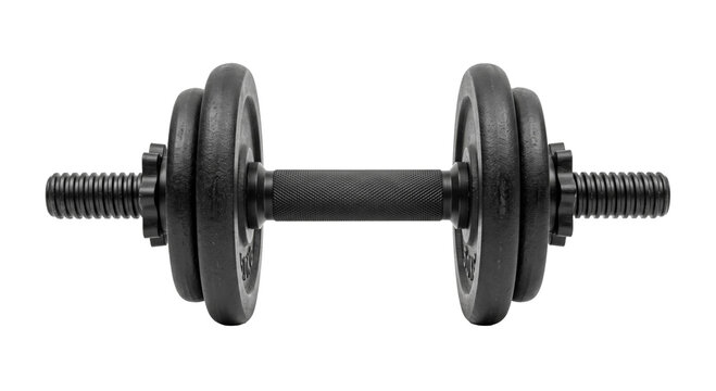 Adjustable dumbbell with textured grip and threaded spin lock collars on white background