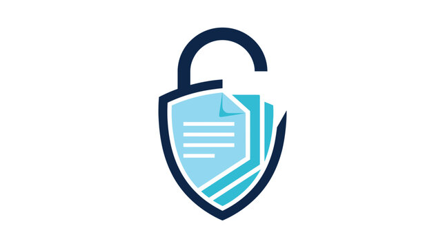 Cybersecurity shield logo with document file, secure data protection icon, blue digital privacy vector for business safety