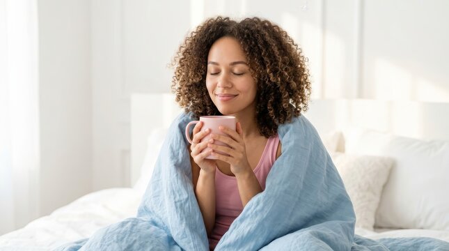 A peaceful woman enjoying a hot cup of tea under a light blue duvet in bed.
