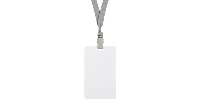 Blank white identification badge with grey lanyard and metal clip on white background