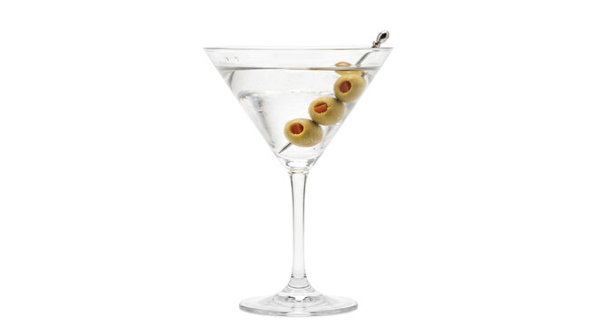 Classic martini cocktail with three olives on a skewer in a chilled glass