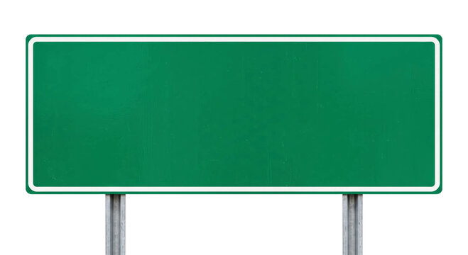Blank green highway sign with white border on metal posts