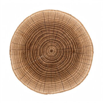 Tree Trunk Cross Section Cut with Annual Growth Rings Isolated on White Background