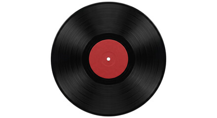 Classic black vinyl record with red label, top down view © Sapphire