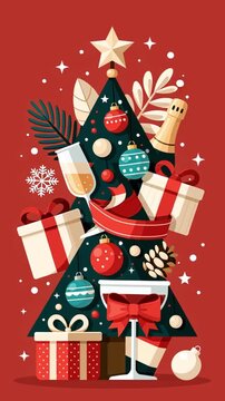 Beautiful design of a Christmas tree with balls, a bottle of champagne, a glass and a gift box