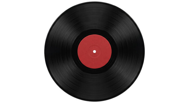Classic black vinyl record with red label, top down view