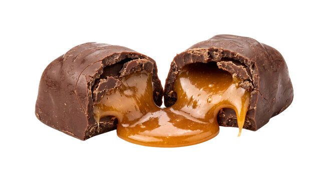 Rich chocolate bar broken in half revealing gooey caramel filling