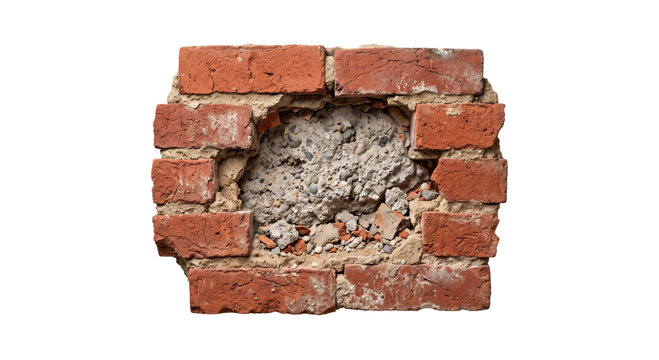Damaged brick wall with a hole revealing concrete and rubble inside