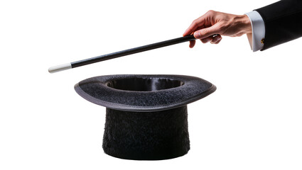 Magician s hand holding wand over black top hat, isolated on transparent background © Viktor