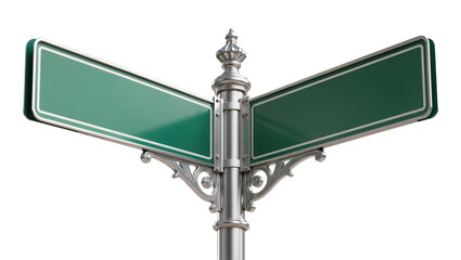 Green metal street signpost with ornate silver pole, isolated on transparent background © Viktor