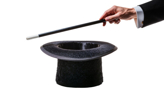 Magician s hand holding wand over black top hat, isolated on transparent background
