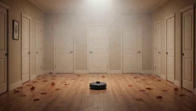 Empty room wooden floor covered fallen leaves has white doors either side walls painted light beige color made