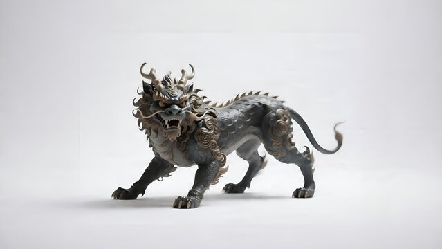 Metallic Chinese Guardian Lion Sculpture Isolated on White Background.