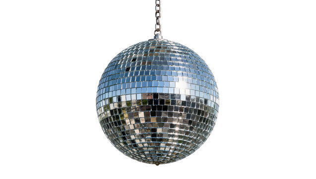 Shiny disco ball with mirrored squares hanging by chain, isolated on transparent background
