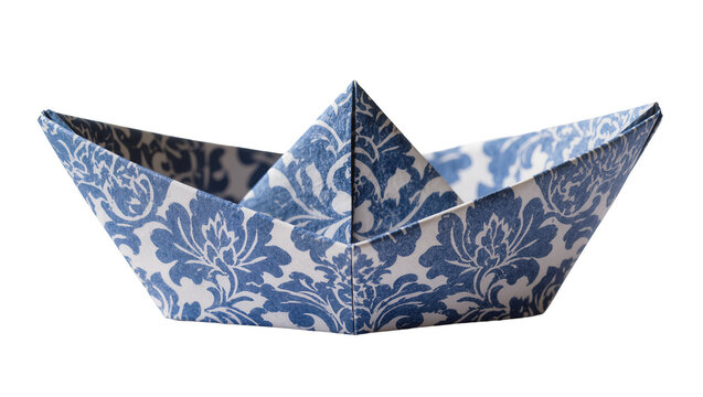 Blue floral patterned origami paper boat, isolated on transparent background