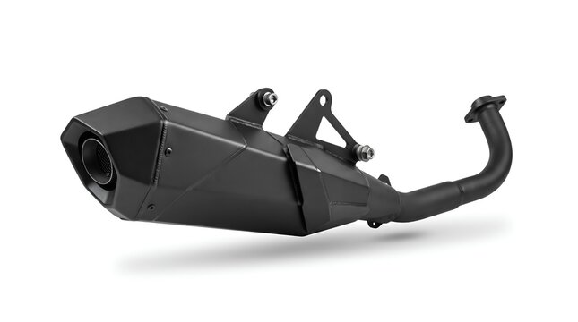 Black motorcycle exhaust muffler system isolated on white background.