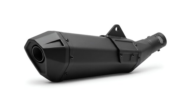 Black Motorcycle Exhaust Muffler Silencer Isolated on White.