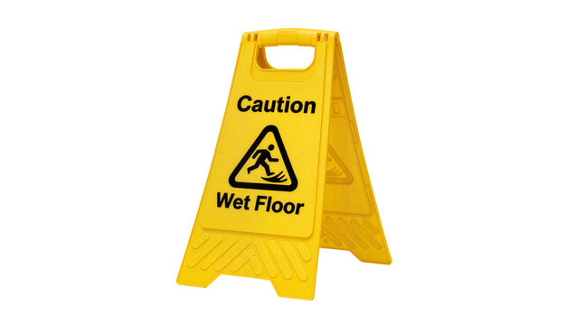 Yellow plastic A-frame caution wet floor sign with black warning symbol, isolated on transparent background
