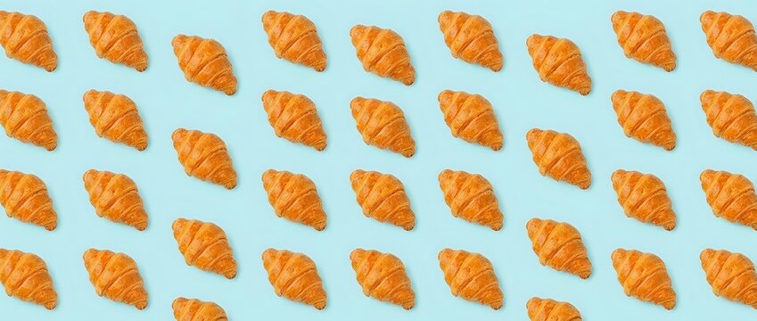 Golden croissants arranged in repeating rows on light blue