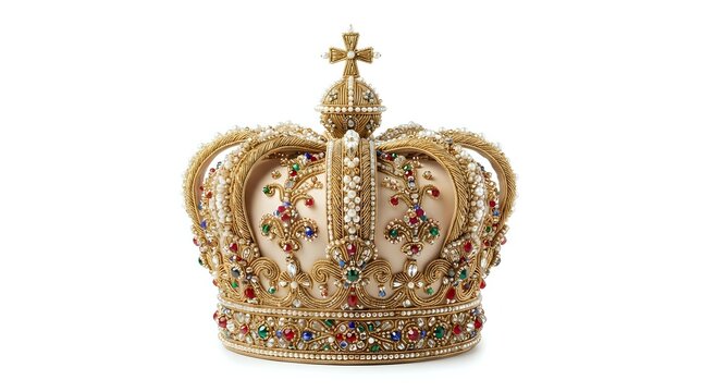Ornate golden crown with jeweled cross on top, decorated