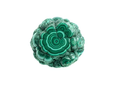 Polished malachite mineral specimen with concentric green banding