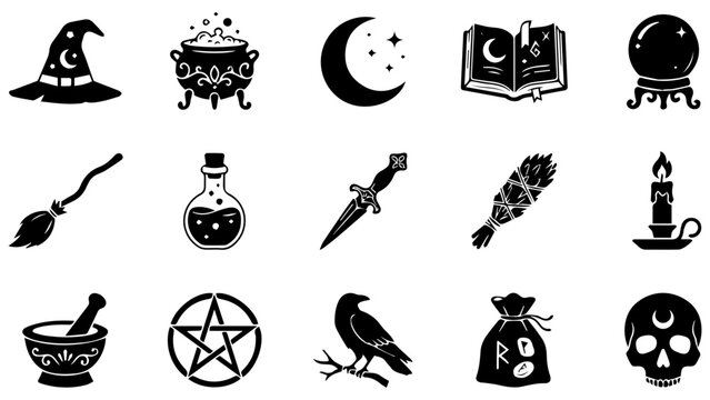 Set of black and white magic icons with witch hat cauldron moon spell book crystal ball and skull