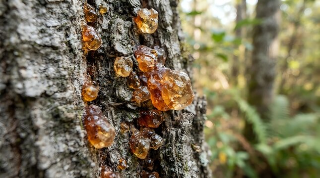 Close-up of amber-colored tree resin or sap crystallized on gray
