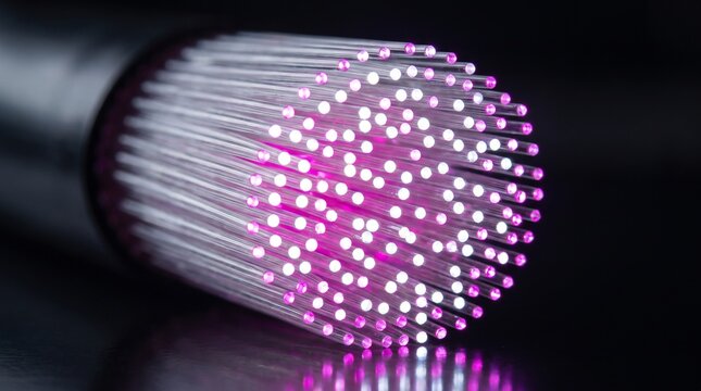 Macro Shot of Illuminated Fiber Optic Cables Tip Light Emission