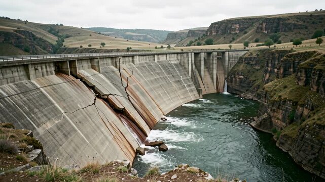 Concrete Dam Over Mountain River.