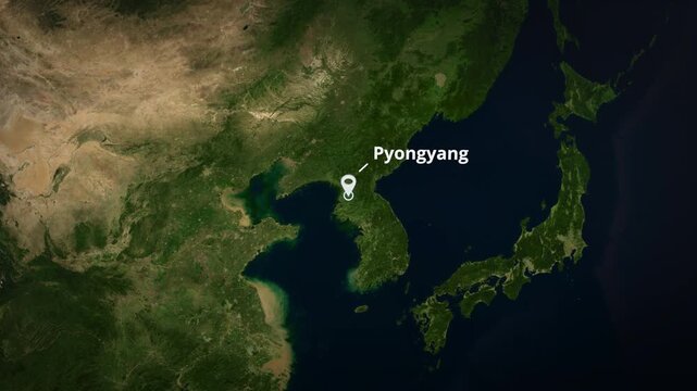 Earth globe zoom descending to Pyongyang, North Korea featuring a white location pin, concentric circle highlight and typography for a travel graphic template