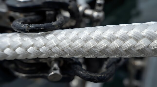 Close-up of white twisted rope with black metal hardware and blurred