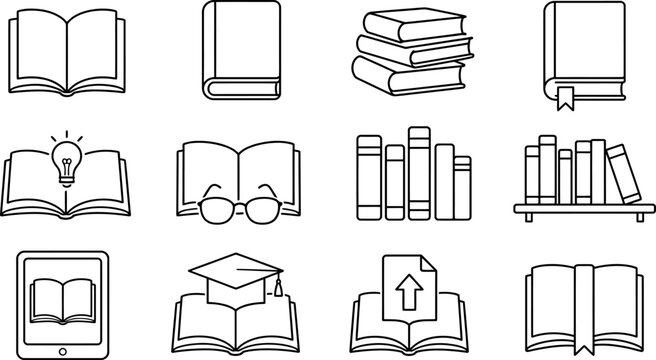 Minimalist book line icons set, 12 education vector symbols, thin outline library and reading graphics for school apps