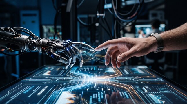 Futuristic robotic hand interacting with glowing digital circuit interface