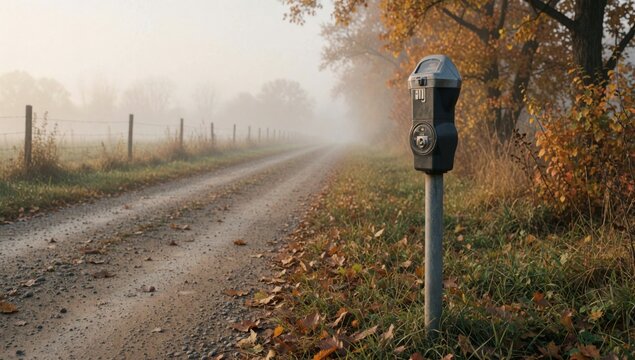 Dirt road parking meter right side surrounded trees orange yellow leaves indicating autumn sky foggy ground co