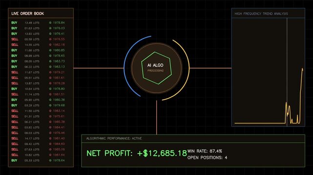 Futuristic AI Algorithmic Trading Bot Dashboard with Order Book Data.