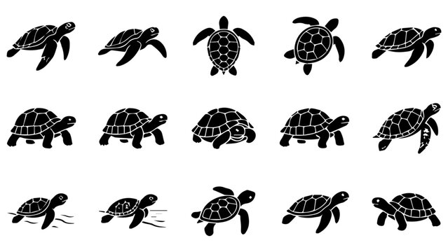 Set of black silhouette turtle icons showing different swimming and walking poses of sea animals