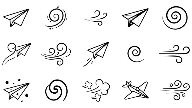 Set of hand drawn doodle paper plane icons and wind motion effect lines for creative design projects