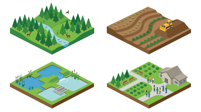 Isometric illustrations of different environmental ecosystems and land management