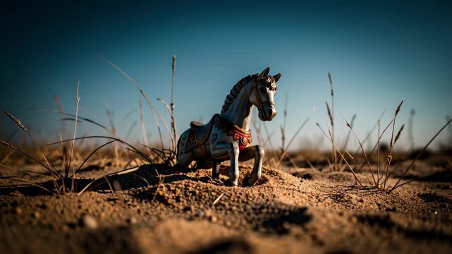 Toy Horse Figurine on Dry Field.