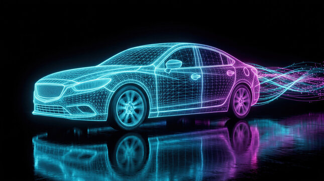 Digital wireframe car model with motion light trails. Futuristic vehicle design concept. Innovative automotive engineering, 3D mesh rendering, data visualization of aerodynamics and speed.