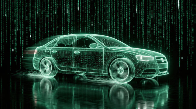 Wireframe of green car moving through stream of digital binary data. Automotive engineering simulation and vehicle design concept. Future transportation technology and innovation.