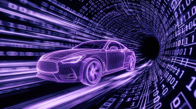 Wireframe car model driving through digital tunnel of binary code. Future automotive technology and virtual transportation concept. Innovative high speed data transfer and cyber movement.