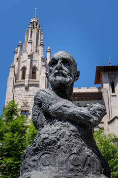 Barcelona, Spain - Aug.5, 2026: Detail of a bust of Francesc Camb&oacute;, a conservative politician from Catalonia who co-found and led the autonomist party Lliga Regionalista, by sculptor Victor Ochoa.