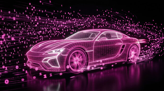 Wireframe of sports car driving fast through binary code data stream. Digital rendering of automotive engineering. Future innovative vehicle technology and virtual transportation concept.