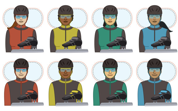 diversity, race, ethnicity of short-track speed skating skater vector icons, male and female, wearing spandex suit and helmet. including skates, track diagram, isolated on a white background