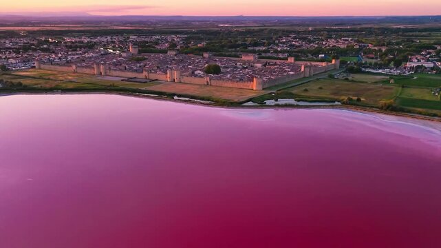 Aerial drone view of pink lakes salt marshes, salt mining medieval town of Aigues-Morte, Camargue, France. High quality 4k footage