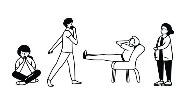 Black and White People Activities Vector Illustration Set