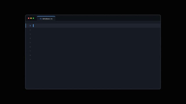 TypeScript code typing animation in IDE on black background, 16:9 widescreen software development screen with database query script and syntax highlighting.