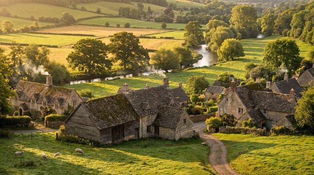 Idyllic english countryside village featuring traditional stone cottages with smoking chimneys nestled beside a winding river meandering through rolling green pastures and vibrant lush meadows during 